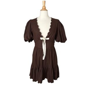 HOUSE OF HARLOW 1960 Brown Scallop Linen Blend Mini Dress Puff Sleeves Pockets 8